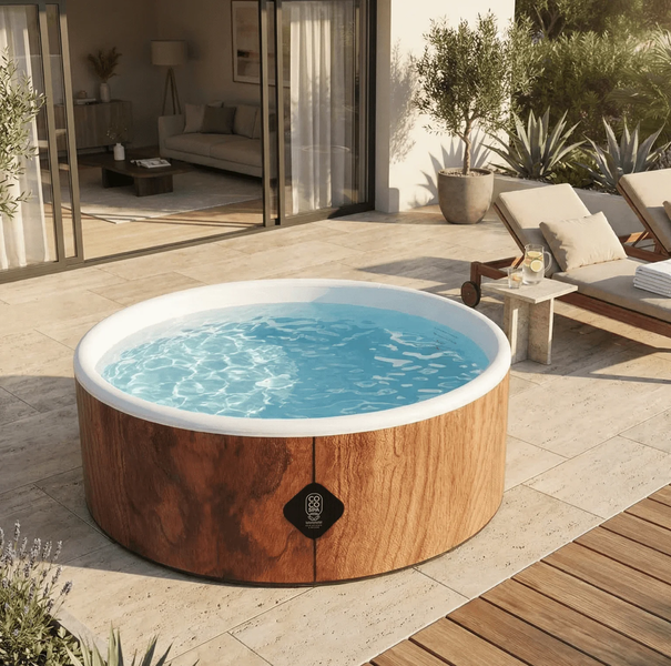 Runder Whirlpool mit Holzoptik, weißem Rand und COCO SPA Logo auf einer hellen Terrasse mit Steinplatten, Holzdeck und Liegestühlen neben Glasfront.