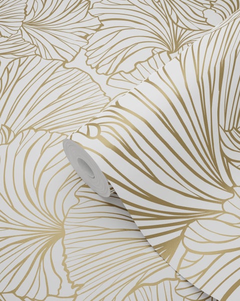 ESTAhome Tapete Ginkgoblätter Weiß und Gold - 53 cm x 10.05 m - 139614