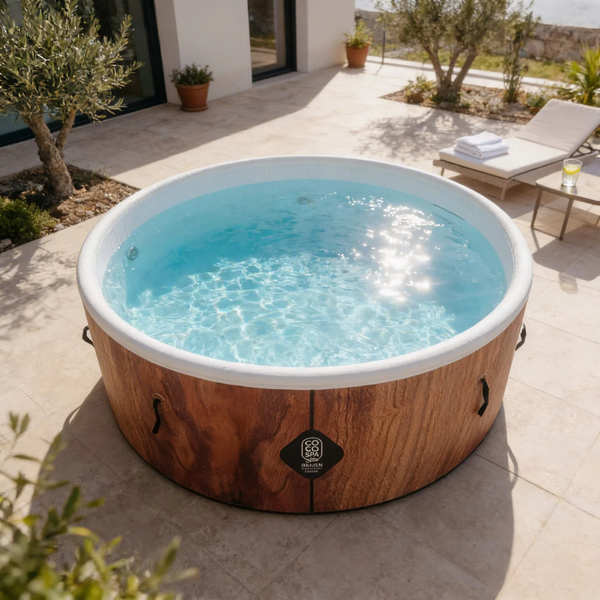 Aufblasbarer runder Whirlpool in Holzoptik der Marke Coco Spa mit klarem Wasser auf einer sonnigen Terrasse mit Liegestuhl und Olivenbäumen.