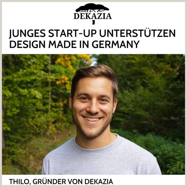 Dekazia Logo, Thilo, Gründer von Dekazia, vor Waldhintergrund. Text: Junges Start-up unterstützen, Design made in Germany.