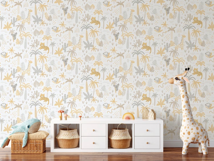 Sanders und Sanders Tapete Dschungeltiere Ockergelb, Grau und Beige - 53 cm x 10 m - 640450