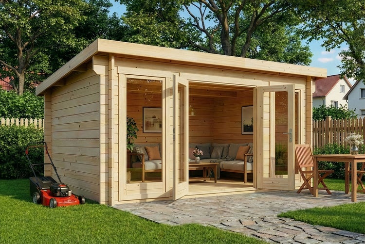 Modernes Gartenhaus aus Holz mit Flachdach, Glastüren und Inneneinrichtung auf Steinterrasse im grünen Garten mit Rasenmäher.