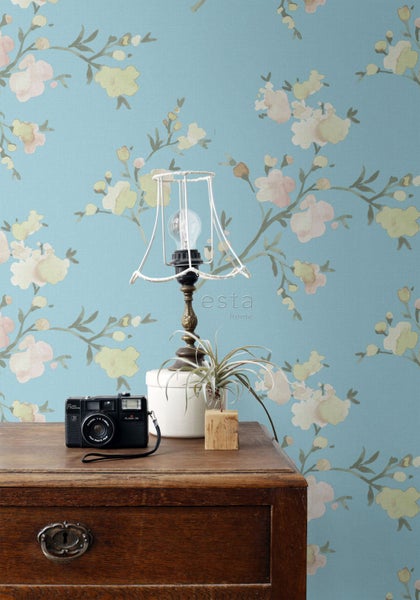 ESTAhome Tapete Kirschblüten Van-Gogh-Blau - 53 cm x 10.05 m - 148753