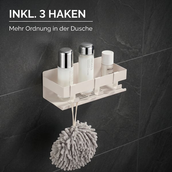 Duschablage inklusive drei Haken, befüllt mit Pflegeprodukten und einem hängenden Schwamm, montiert an einer dunklen Fliesenwand.