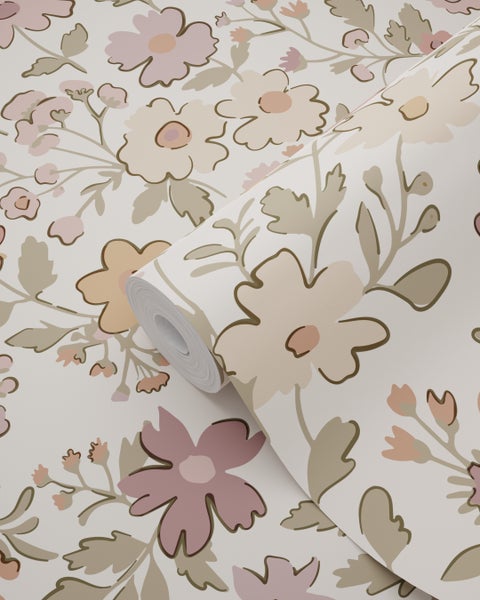 ESTAhome Tapete Blumen mauve-violett, Graugrün und Terrakotta - 53 cm x 10.05 m - 131328