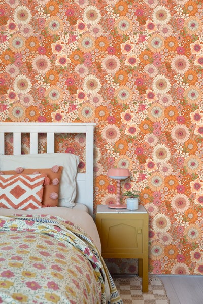 ESTAhome Tapete Retro Blumen Orange und Rosa - 50 x 900 cm - 131315