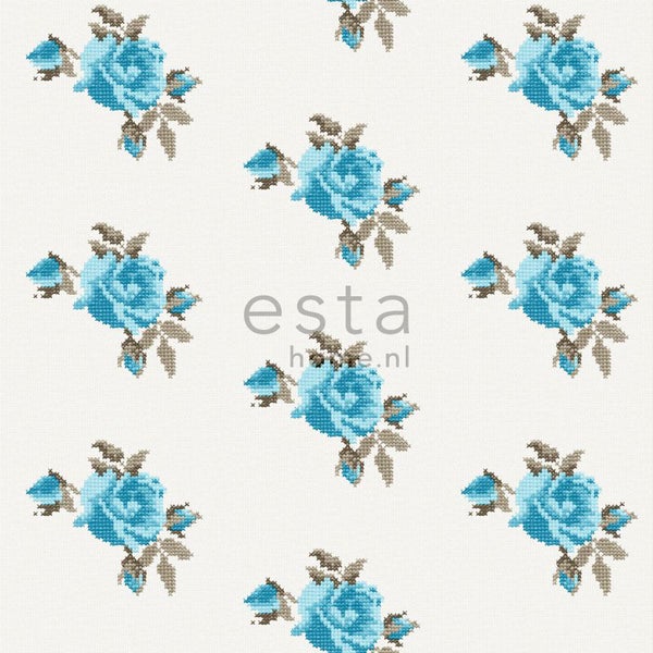 ESTAhome Tapete gestickte Rosen Türkis - 53 cm x 10.05 m - 138146