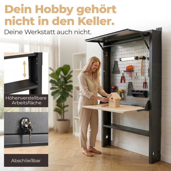 Wandmontierte, klappbare Werkbank mit Lochwand für Werkzeug, höhenverstellbarer Arbeitsfläche aus Holz und abschließbarem Gehäuse.