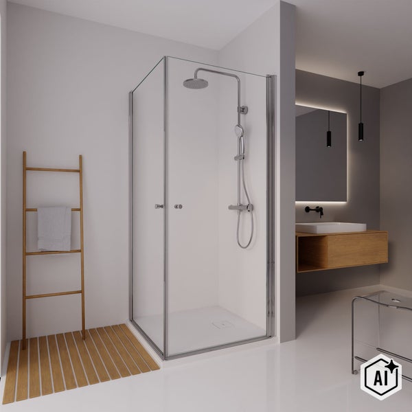 Modernes, helles Badezimmer mit Eckduschkabine aus Glas, Regendusche, Holz-Handtuchleiter und Waschtisch mit beleuchtetem Spiegel.