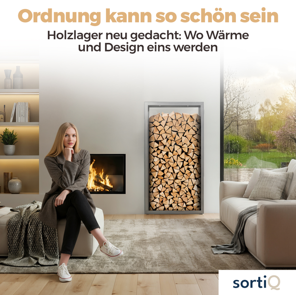 Helles, organisiertes Wohnzimmer mit Kamin und einem hohen Metall-Kaminholzregal von SortiQ, gefüllt mit Brennholz. SortiQ Logo.