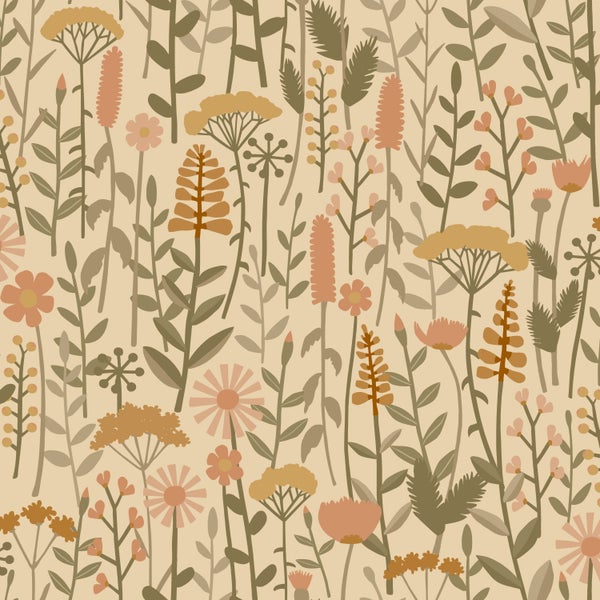 ESTAhome Tapete Feldblumen Gelb, Orange und Grün - 50 x 900 cm - 131548