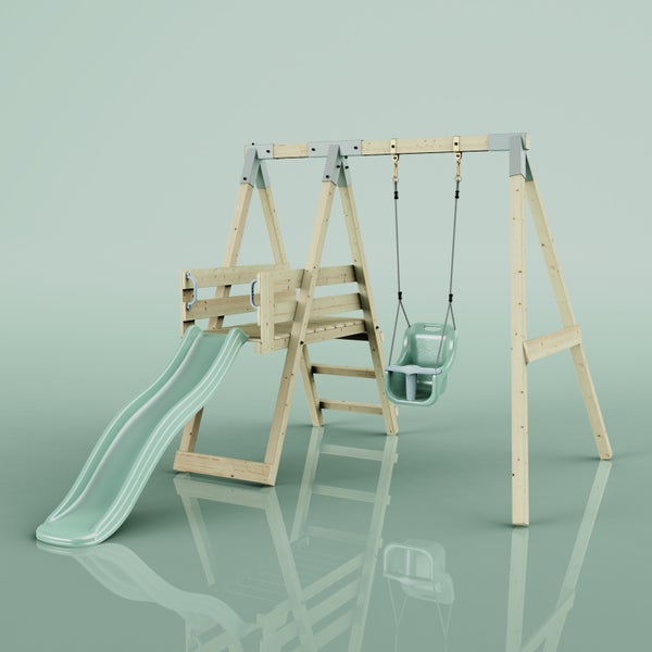 Kinderspielturm aus Holz mit mintgrüner Rutsche und Babyschaukel.
