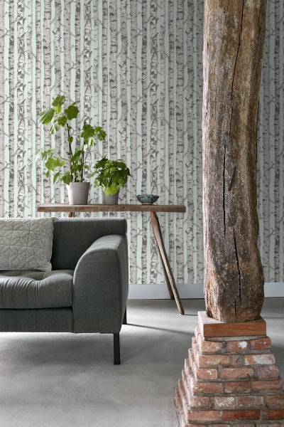 ESTAhome Tapete Birkenstämme Pastell Mintgrün und Grau - 53 cm x 10.05 m - 138890