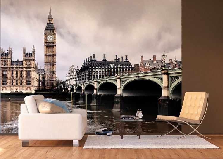 Wohnraum mit Fototapete London mit Big Ben, Brücke und Themse