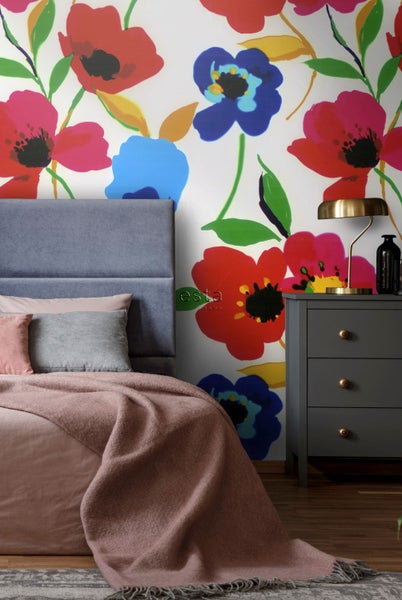 ESTAhome Fototapete Mohnblumen Rot, Blau, Gelb und Grün - 279 cm x 279 m - 158007