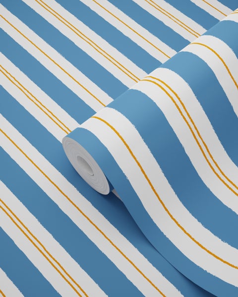 Tapetenrolle mit Streifenmuster in Blau, Weiß und Gelb