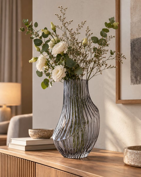 Dekorative Glasvase mit geschwungener Rillenstruktur gefüllt mit Blumen auf einem Holzsideboard in einem hellen Wohnraum.