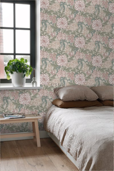 ESTAhome Tapete Blumenmuster Altrosa und Graugrün - 53 cm x 10.05 m - 139377