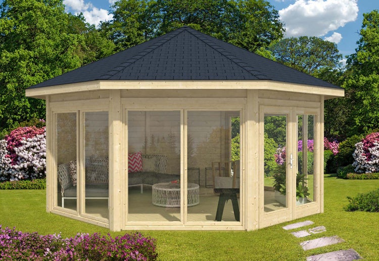 Alpholz Gartenpavillon Rügen mit vier Fenstern Gartenpavillon aus Holz, Gartenhütte Gartenlaube mit Montagematerial, Naturbelassen