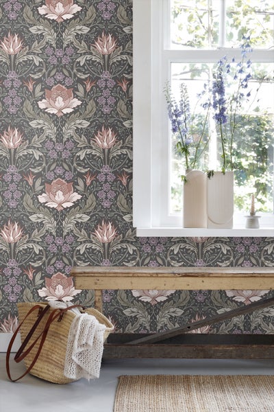 ESTAhome Tapete Blumenmuster im Jugendstil Graugrün und Braun - 50 x 900 cm - 131084