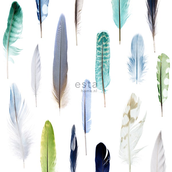 ESTAhome XXL-Vliestapete Federn Grün, Blau und Beige - 50 x 900 cm - 158602