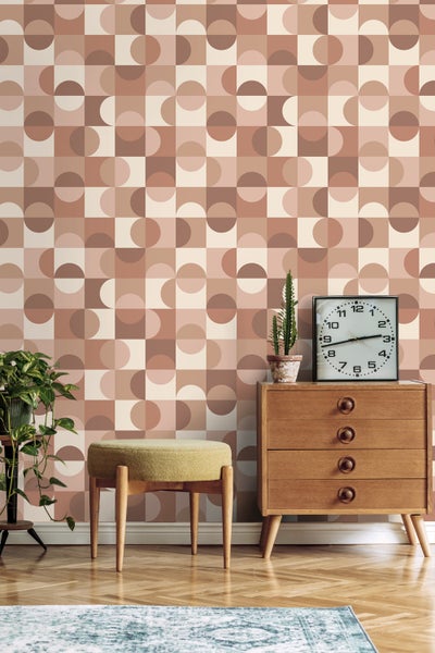ESTAhome Tapete Kreise im Bauhaus-Stil Beige, Braun und Hellrosa - 50 x 900 cm - 131242