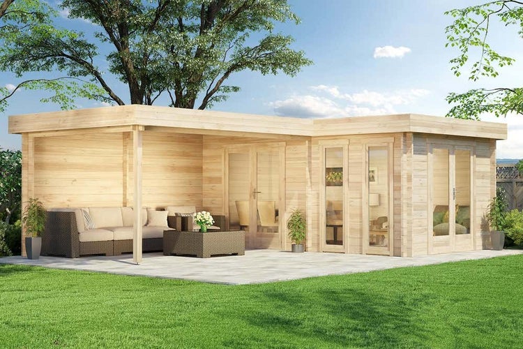 Alpholz Flachdach Gartenhaus Quinta ISO Gartenhaus aus Holz, Holzhaus mit 70 mm Wandstärke inklusive Schleppdach FSC zertifiziert, Blockbohlenhaus mit Montagematerial, Naturbelassen 7x5m