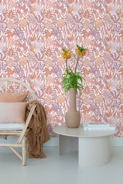 ESTAhome Tapete tropische Blätter und Blüten Orange und Lila - 50 x 900 cm - 131667