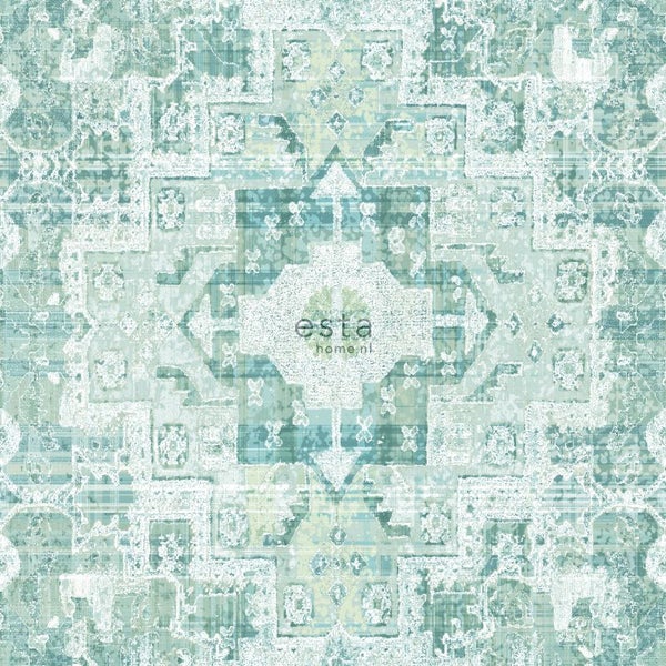 ESTAhome Tapete orientalisches Kelim-Patchwork Pastell Mintgrün - 53 cm x 10.05 m - 148658