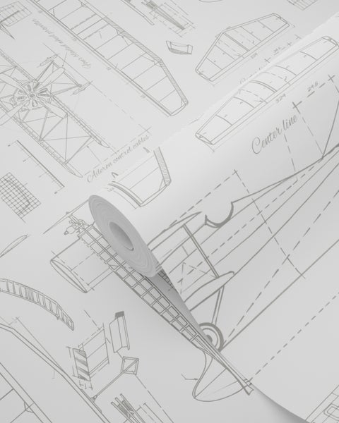 ESTAhome Tapete Kontruktionszeichnungen von Flugzeugen Weiß - 53 cm x 10.05 m - 128812