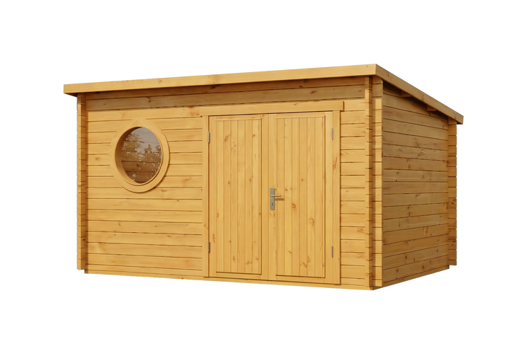 Gartenhaus aus Holz mit Pultdach, Doppeltür und einem runden Fenster.