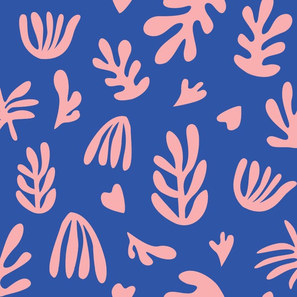 ESTAhome Tapete Pflanzen im Matisse-Stil Blau und Rosa - 50 x 900 cm - 131022