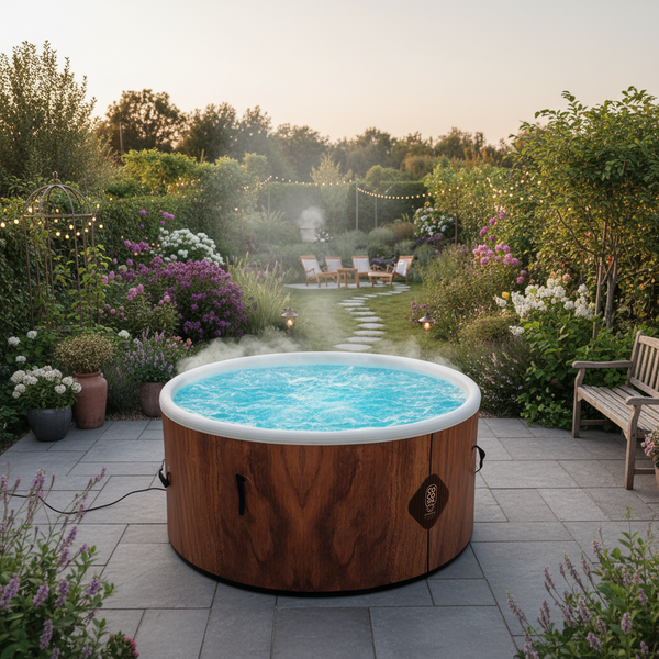 Runder aufblasbarer Whirlpool in Holzoptik auf einer Steinterrasse in einem üppig bepflanzten Garten.