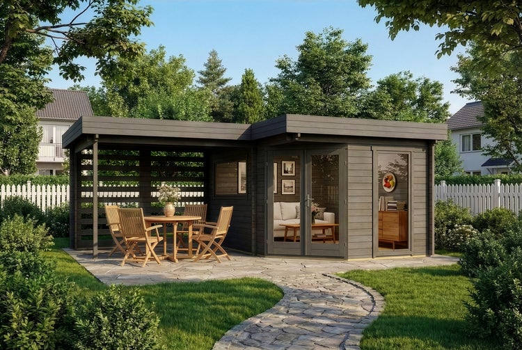 Dunkelgraues Gartenhaus aus Holz mit Flachdach, offenem Unterstand mit Sitzgruppe und Geräteschuppen auf einer Steinterrasse im Garten.