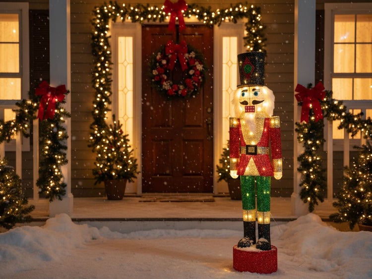 Beleuchtete Nussknacker-Weihnachtsfigur vor festlich geschmücktem Hauseingang mit Lichterketten und Schneefall.