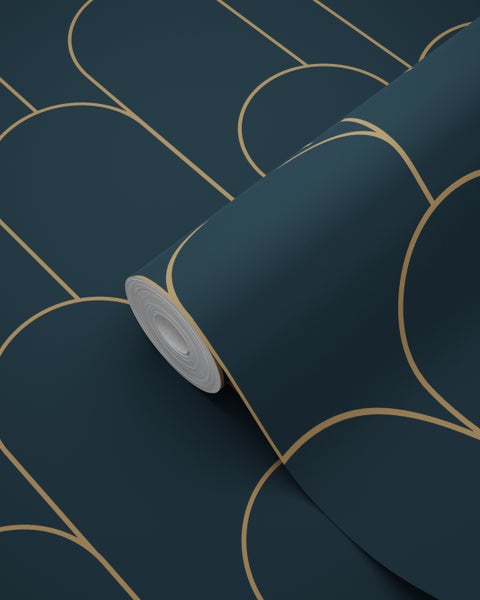 ESTAhome Tapete Art Decó Muster Dunkelblau und Gold - 50 x 900 cm - 139657