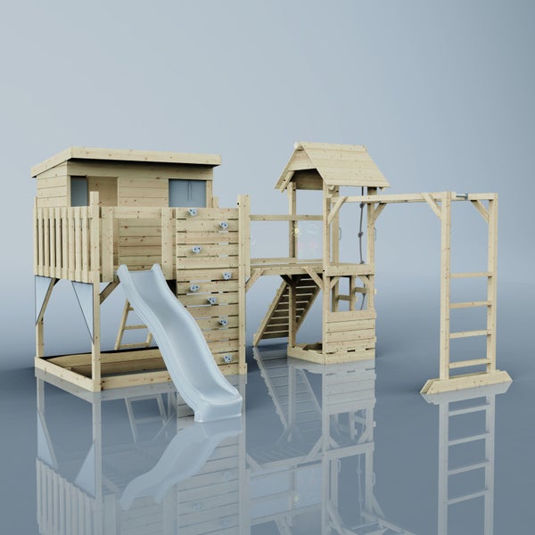 Spielplatz mit Rutsche, Kletterwand, Leiter und Schaukelgerüst aus Holz