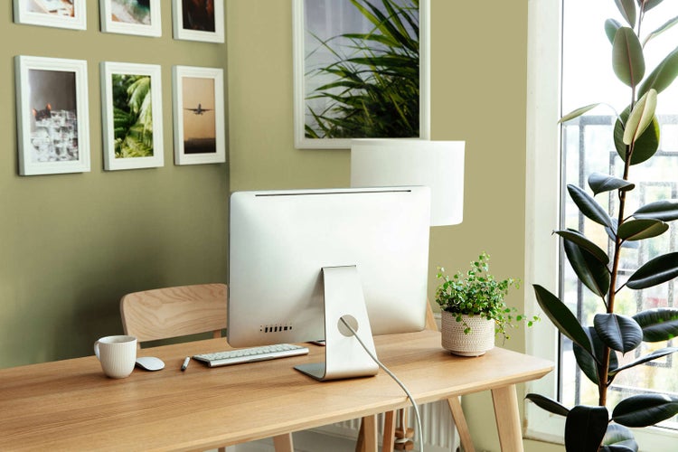 Heller, organisierter Arbeitsplatz mit Holzschreibtisch, Monitor, Zimmerpflanzen und Bildergalerie vor einer olivgrünen Wand.