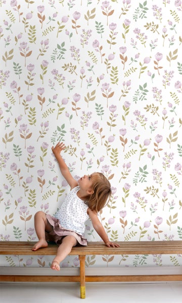 ESTAhome Tapete Blumen Violett und Graugrün - 50 x 900 cm - 139975