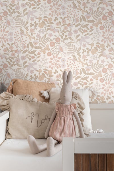 ESTAhome Tapete Blumen und Vögel Weiß, Beige und Hellrosa - 53 cm x 10.05 m - 139866