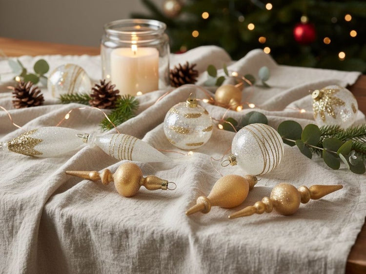 Set aus 13 Weihnachtsanhängern aus Glas in verschiedenen Formen wie Kugeln und Zapfen mit goldenen Akzenten und Glitzer.