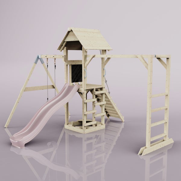 Holzspielturm mit Rutsche, Schaukel und Klettergerüst für den Garten