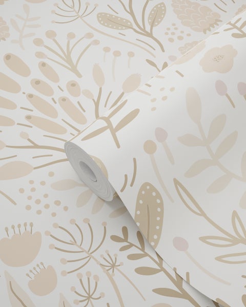 ESTAhome Tapete Blätter und Blumen Weiß und Beige - 50 x 900 cm - 131389