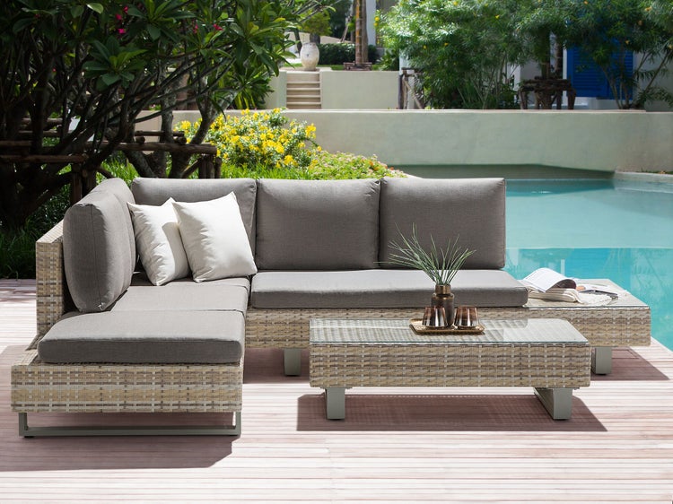 Garten Ecksofa mit Tisch 5-Sitzer LANCIANO rechtsseitig Polyrattan Grau