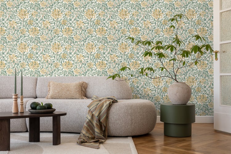 ESTAhome Tapete Blumen Türkis und Ockergelb - 50 x 900 cm - 131031