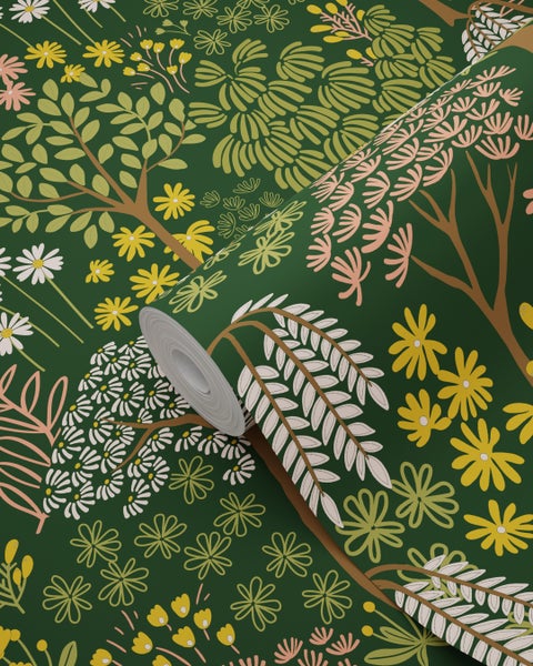 ESTAhome Tapete Bäumen und Blumen Grün, Rosa und Gelb - 50 x 900 cm - 131189