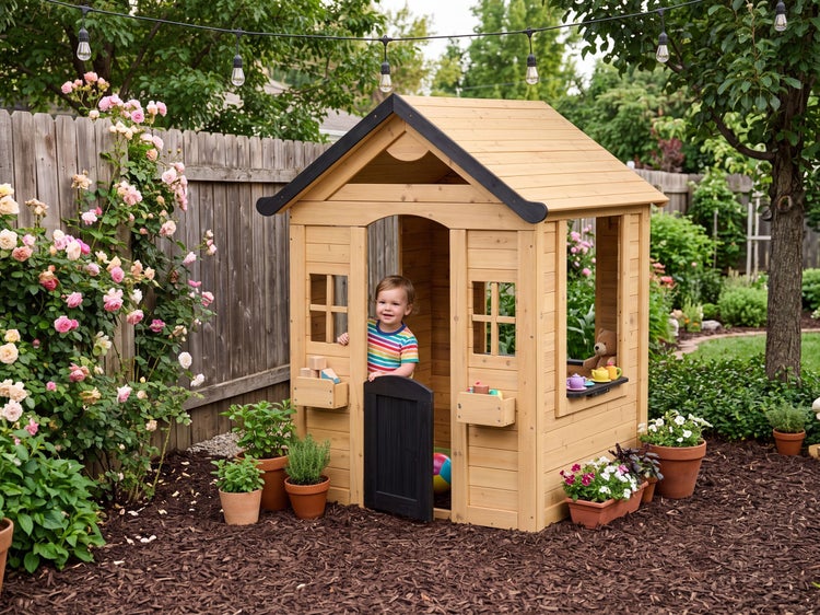Helles Kinderspielhaus aus Holz im Garten neben Holzzaun und Rosen, auf Rindenmulch unter einer Lichterkette platziert.