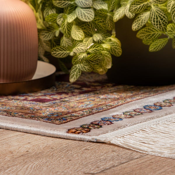 Orientteppich mit detailliertem Muster und Fransen auf Holzboden neben einer Zimmerpflanze und einer gerippten Vase.