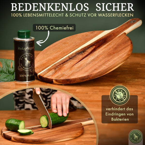 Holzschneidebrett mit Holzpflegeöl und dem Hinweis, dass es das Eindringen von Bakterien verhindert