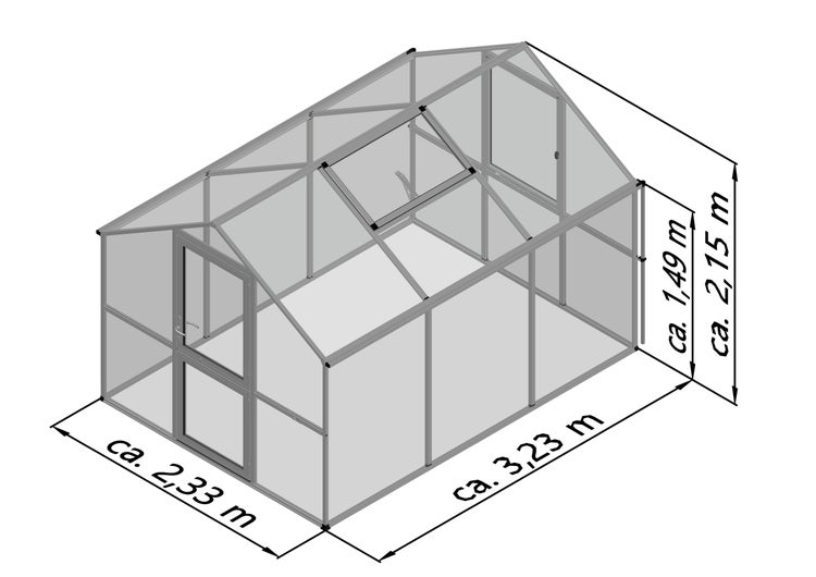 Gewächshaus mit Satteldach, Tür und Dachfenster. Maße: Breite circa 2,33 Meter, Länge circa 3,23 Meter, Firsthöhe circa 2,15 Meter.